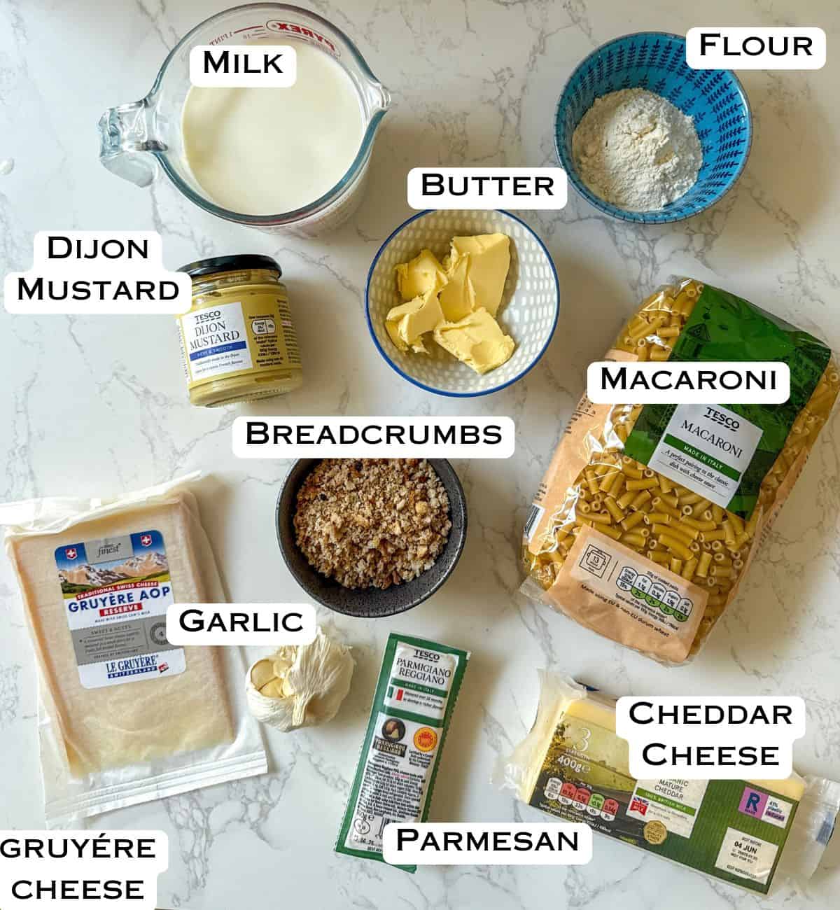 Ingredients laid out for three cheese macaroni cheese.