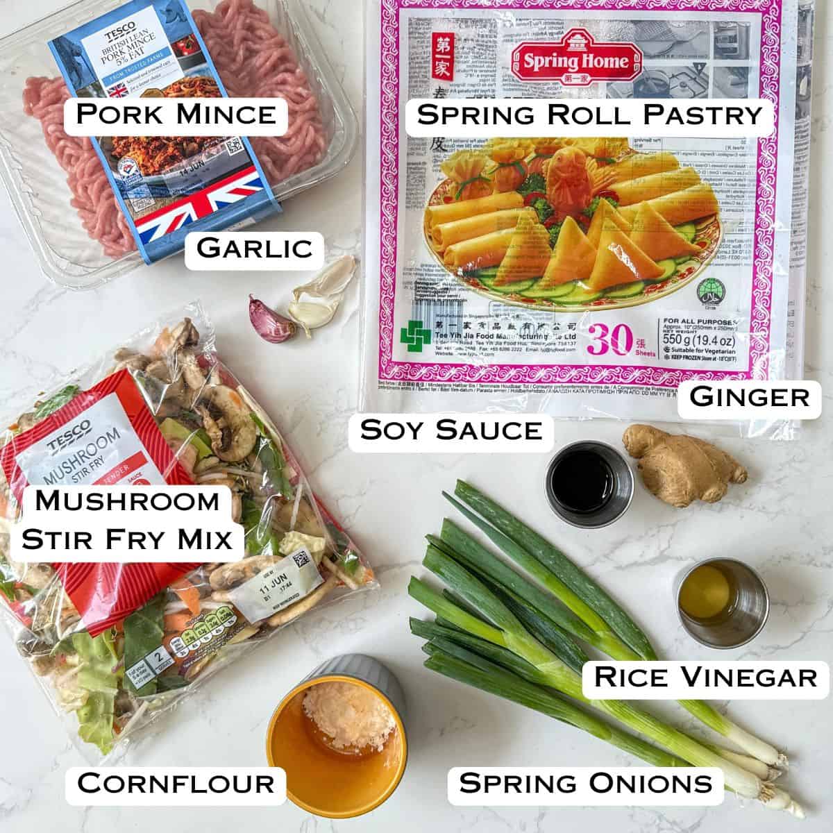 Ingredients laid out to make air fryer spring rolls.
