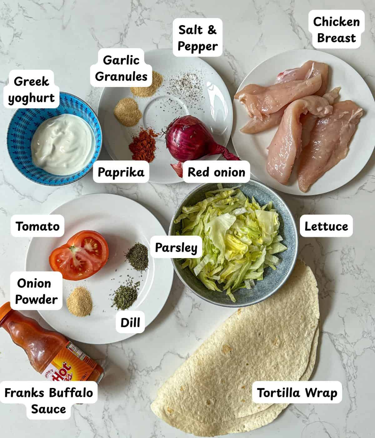 Ingredients laid out to make a buffalo chicken wrap.