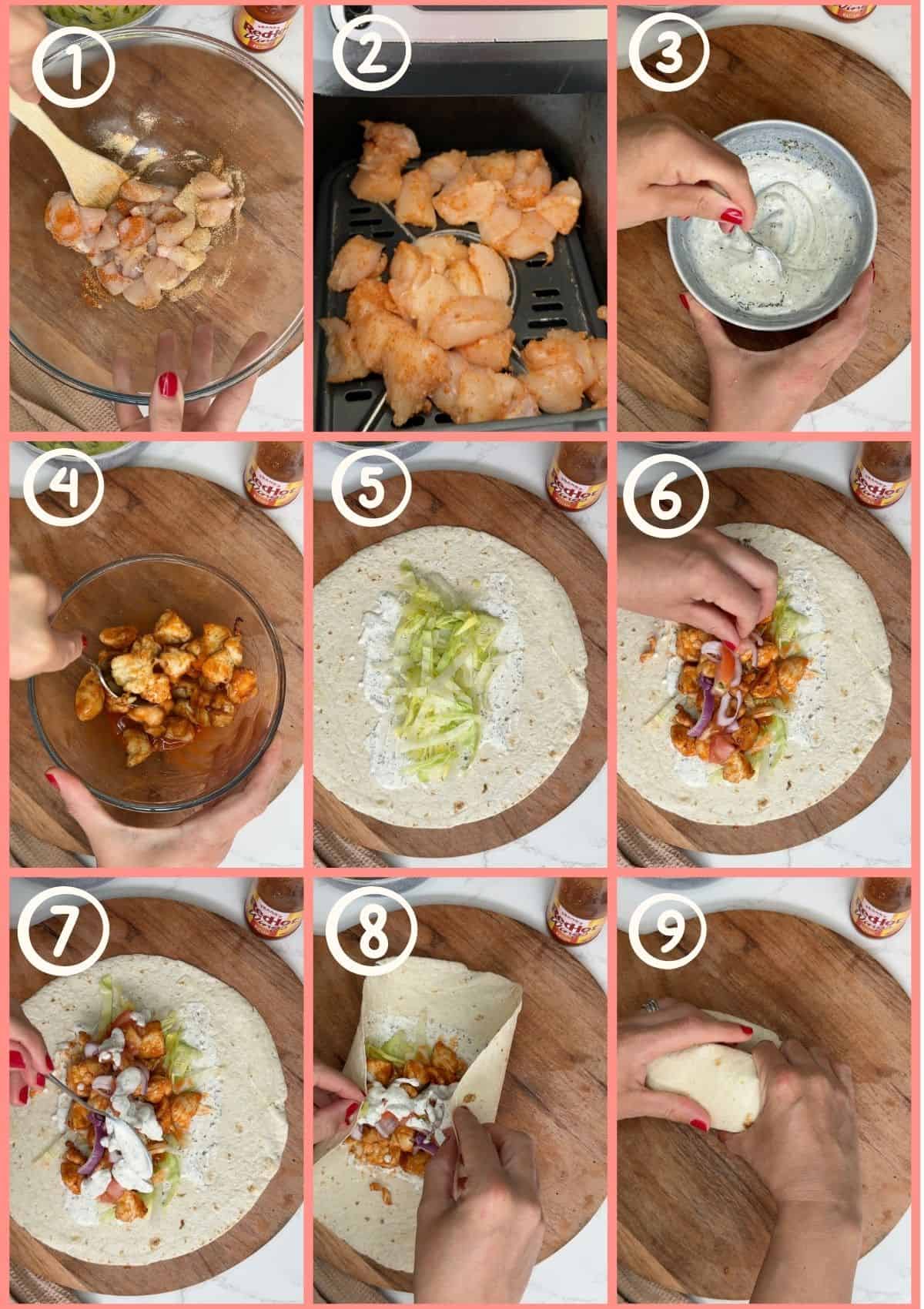 9 photos showing the steps to make a buffalo chicken wrap.