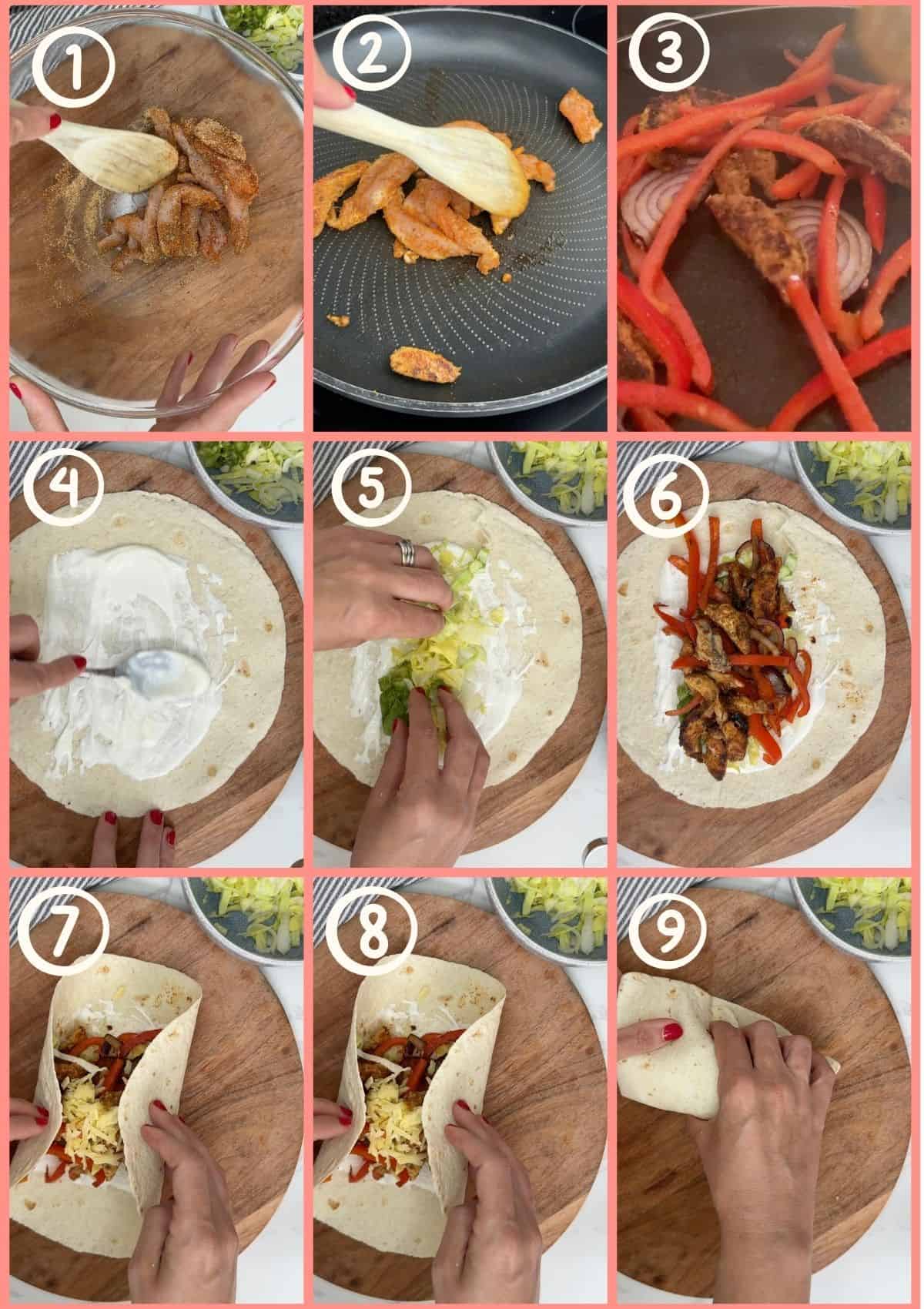 9 photos showing the steps to make a chicken fajita wrap.