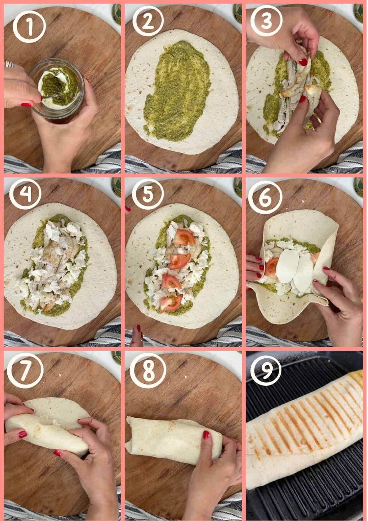 9 photos showing the steps to make a chicken pesto mozzarella and tomato wrap.