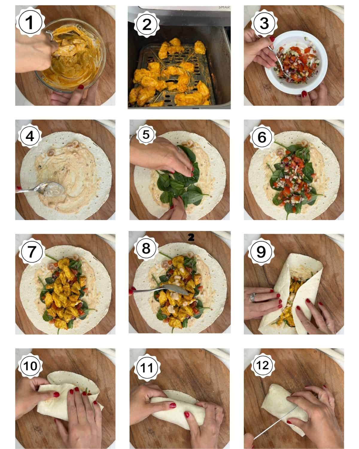 Step by step photos showing how to make a chicken tikka wrap.