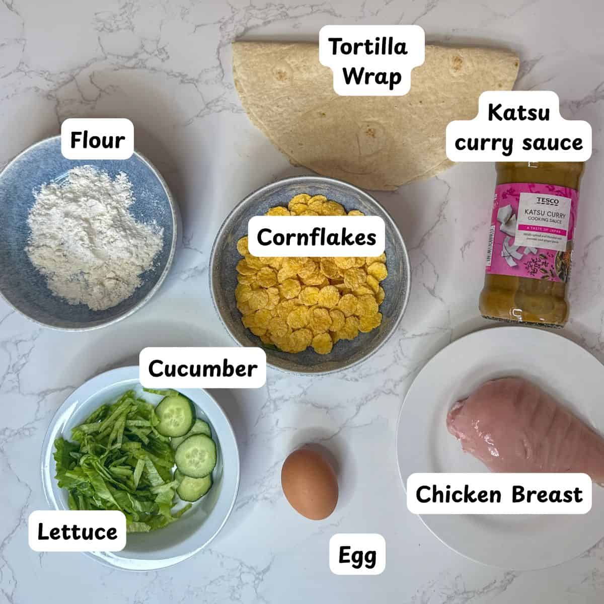 Ingredients laid out for katsu chicken wrap.
