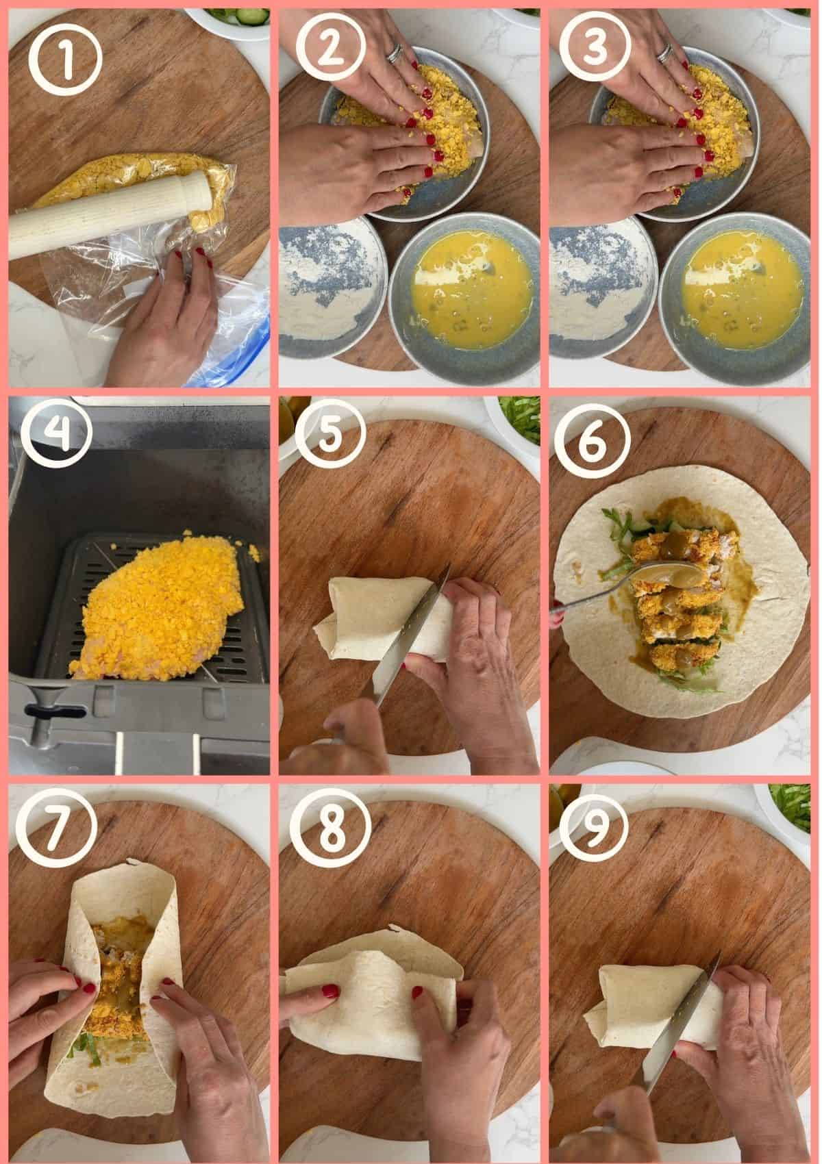 9 photos showing the steps to make a chicken katsu wrap.