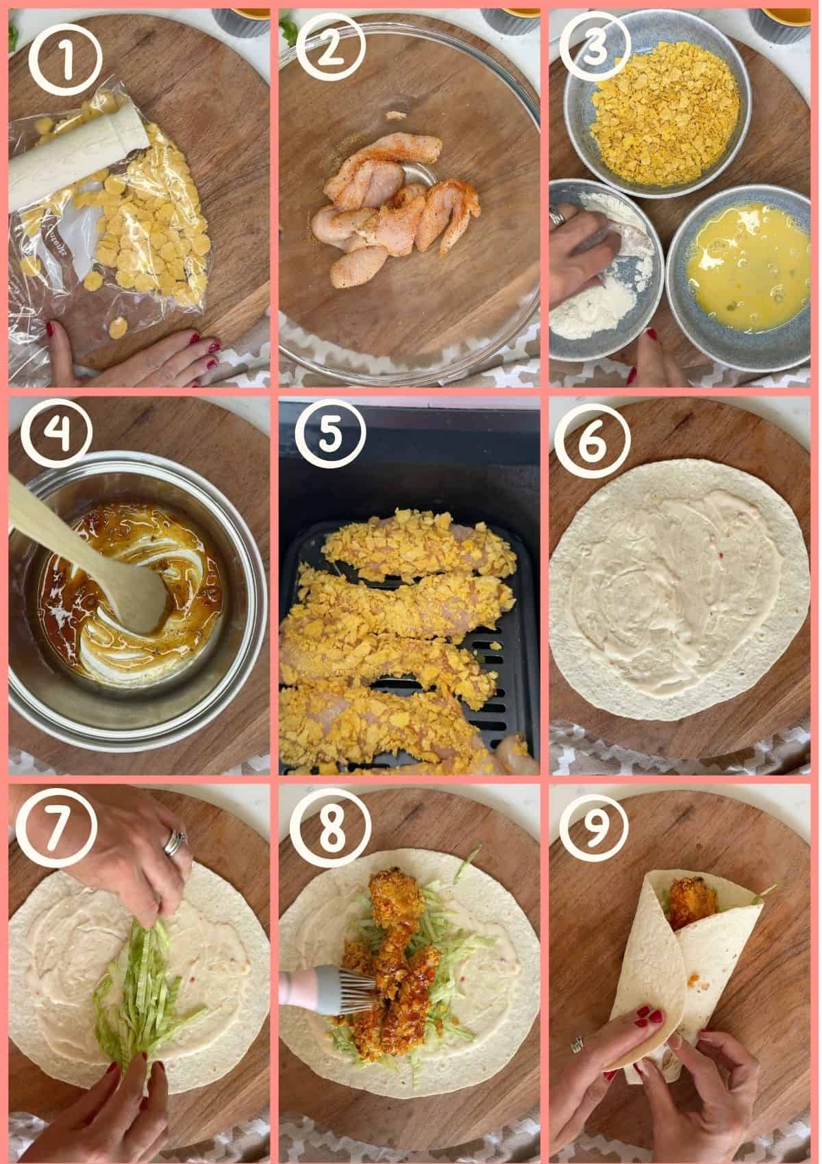 9 photos of the steps showing you how to make sweet chilli crispy chicken wraps.
