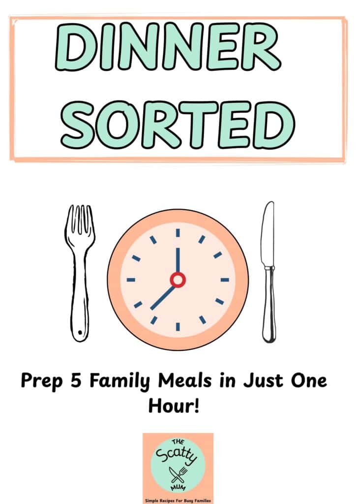 Info graphic saying how to prep 5 family meals in one hour.
