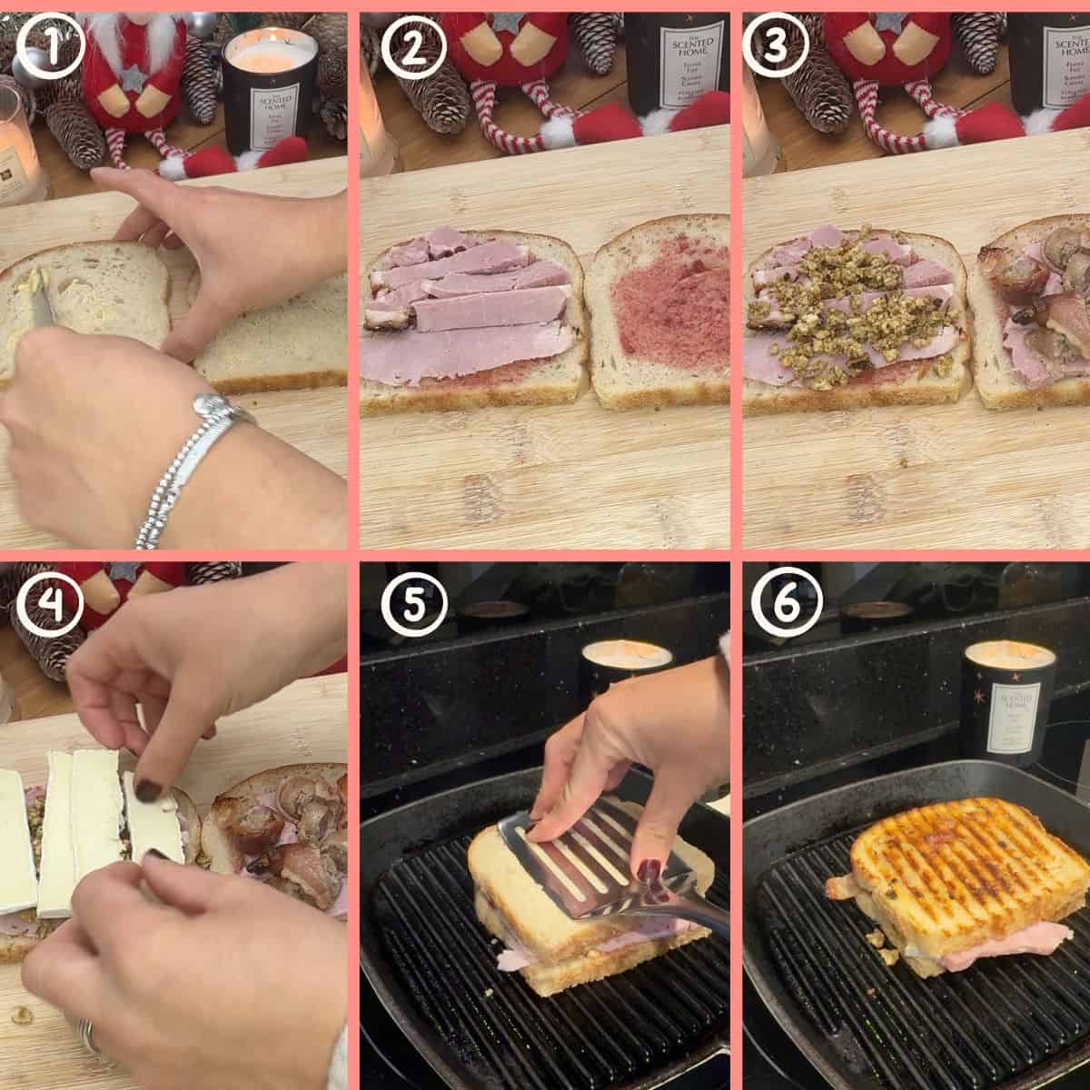 6 photos showing the steps on how to make a Christmas leftovers toasted sandwich.