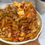 A frying pan containing hunters chicken pasta.