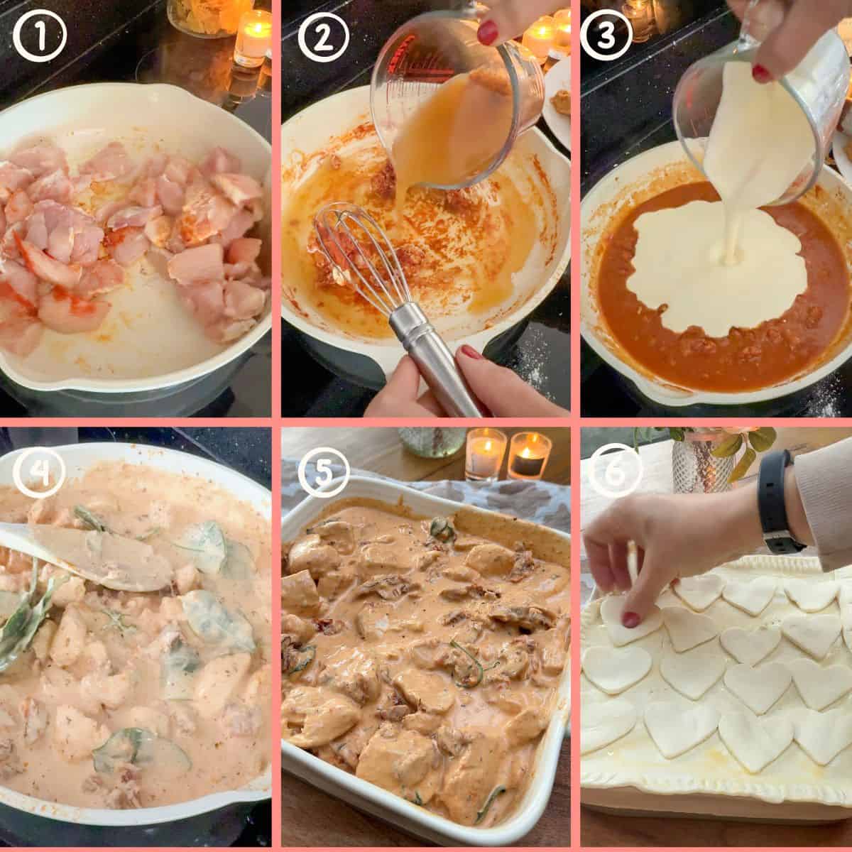 6 photos showing the steps to make marry me chicken pie.