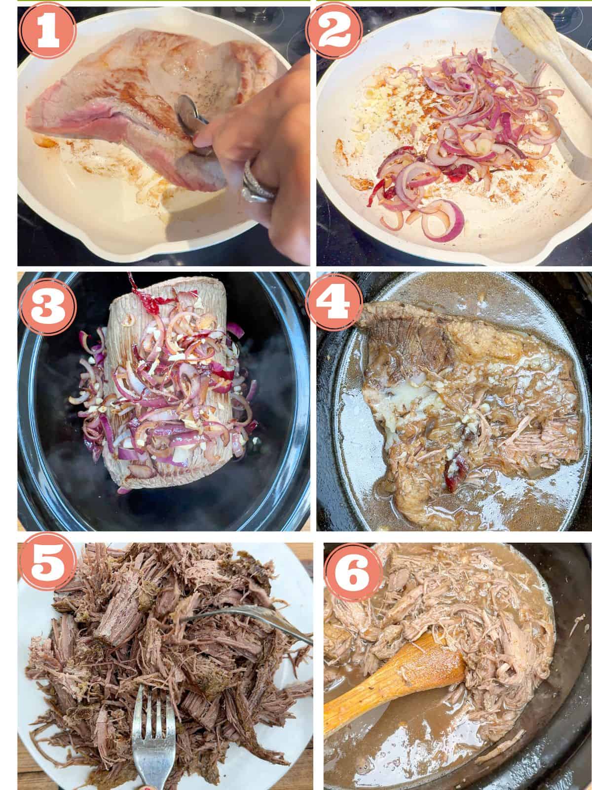 6 photos showing the steps to make beef brisket in gravy.
