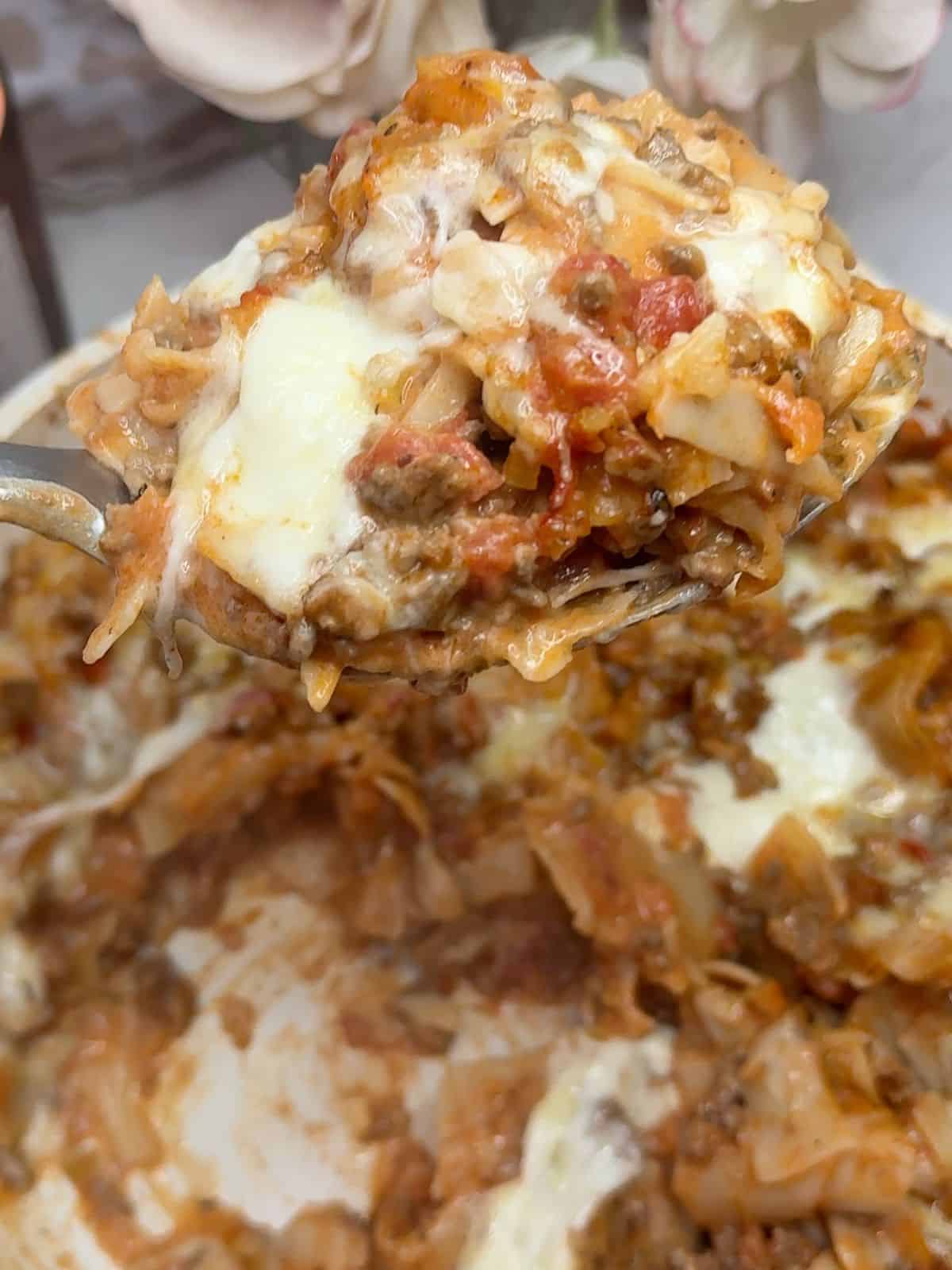 Lasagne on a fork.