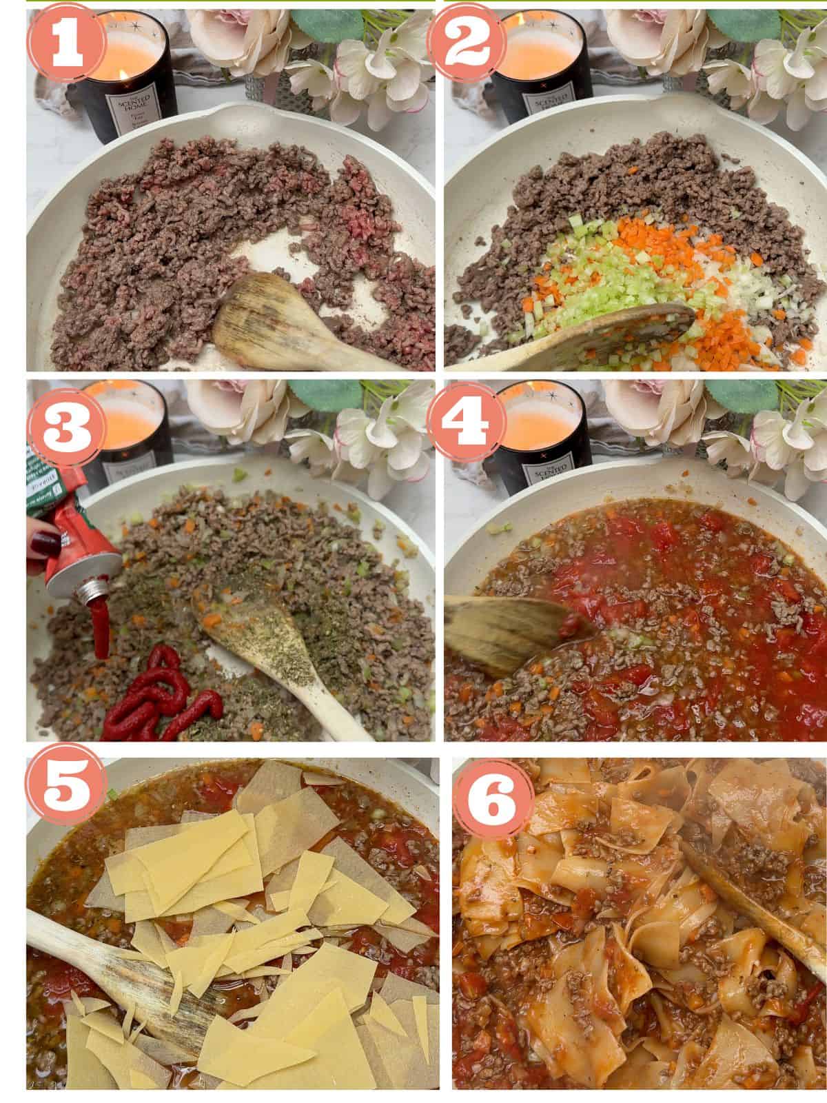 Photos of the steps to make a one pan lasagne.