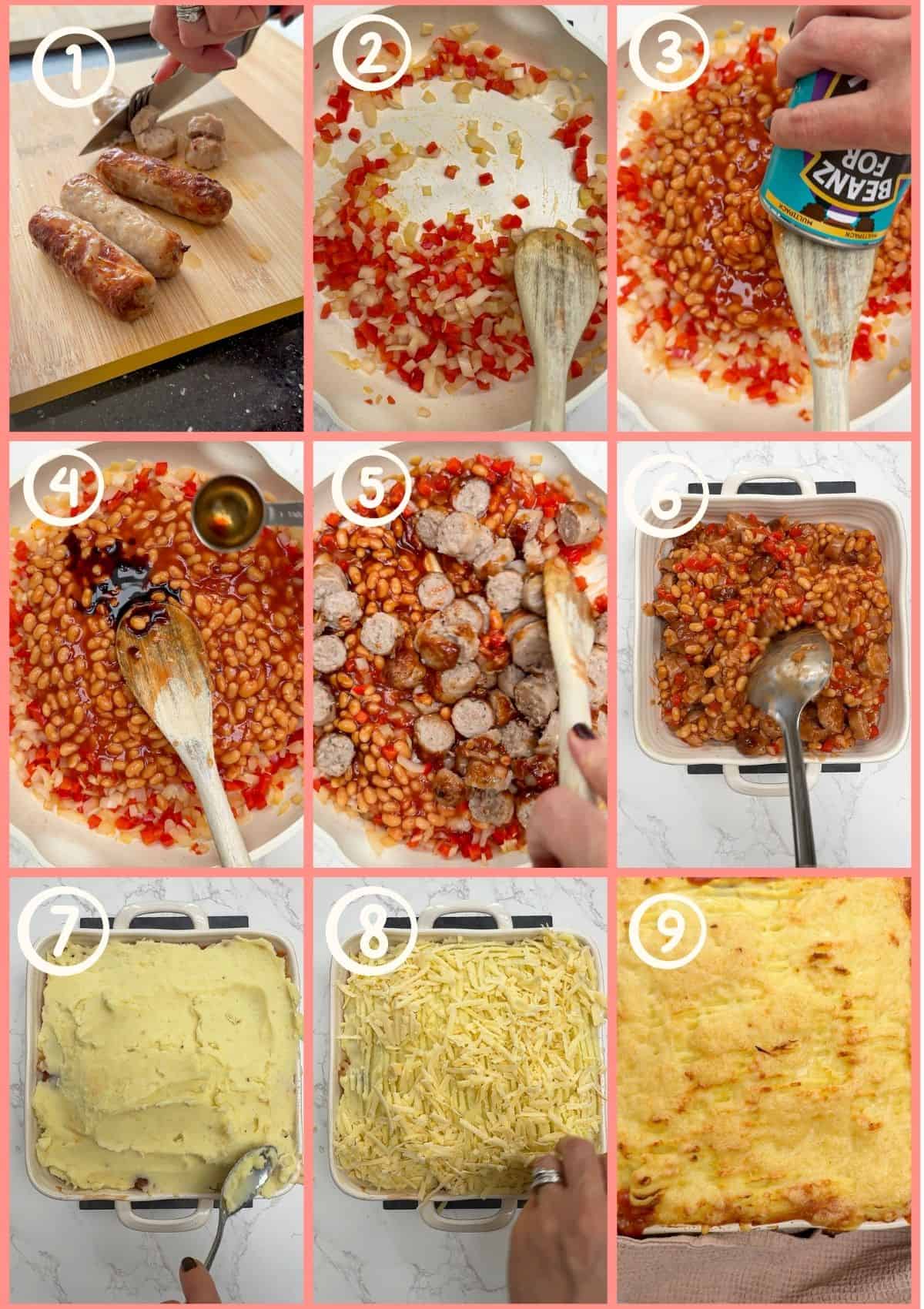 9 photos showing the steps to make cowboy pie.