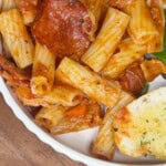 Pepperoni pizza pasta in a bowl.