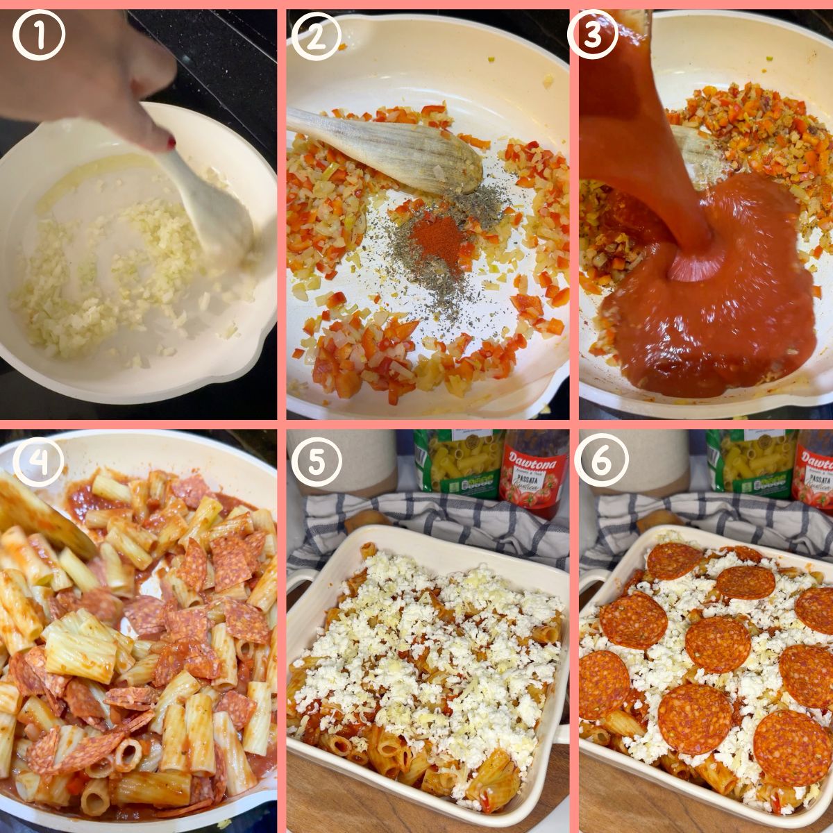 6 photos showing the steps to make a pepperoni pizza pasta.